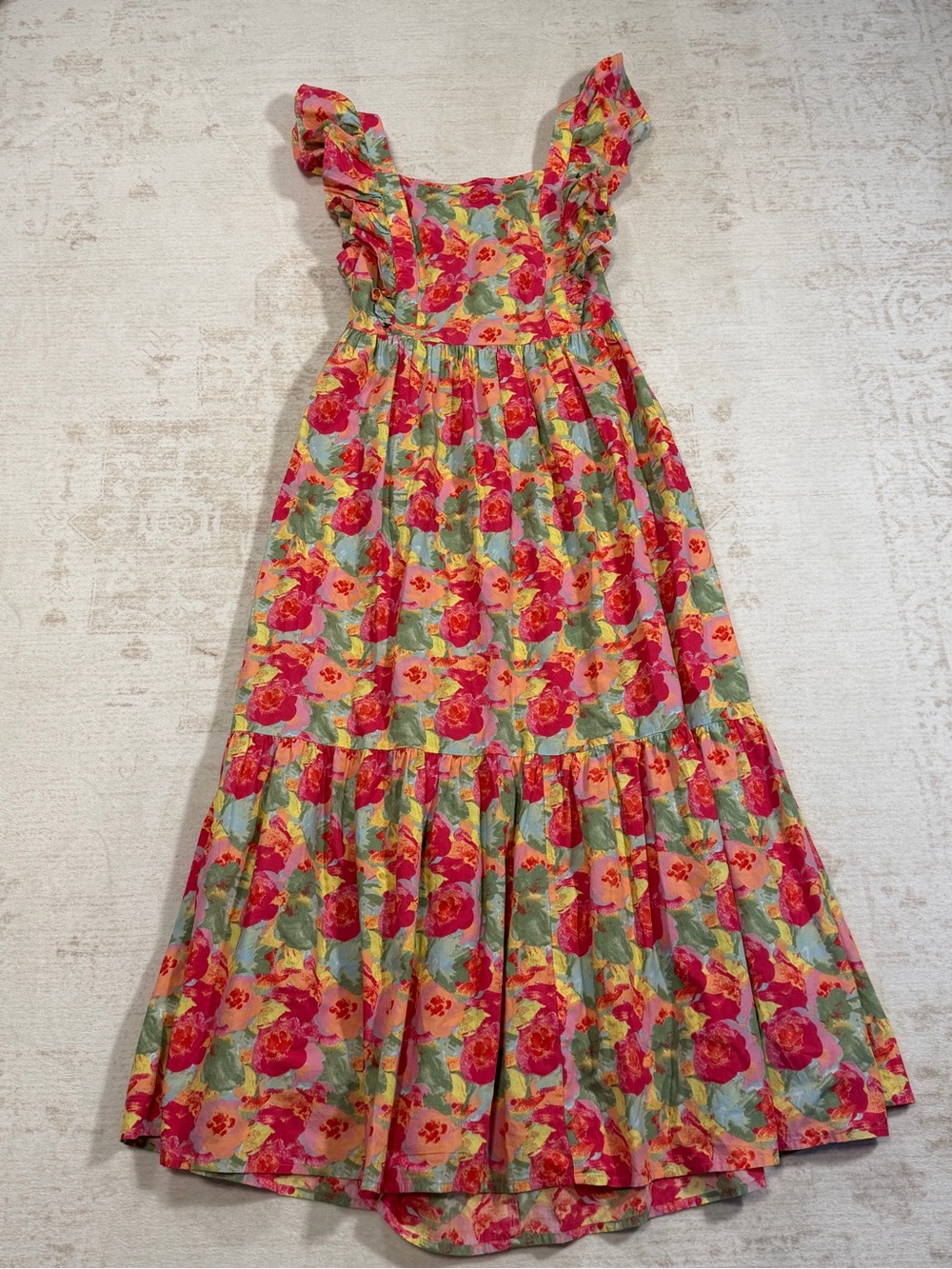 Ruffled Floral Maxi Dress in Pink and Green 100% Cotton Size Medium